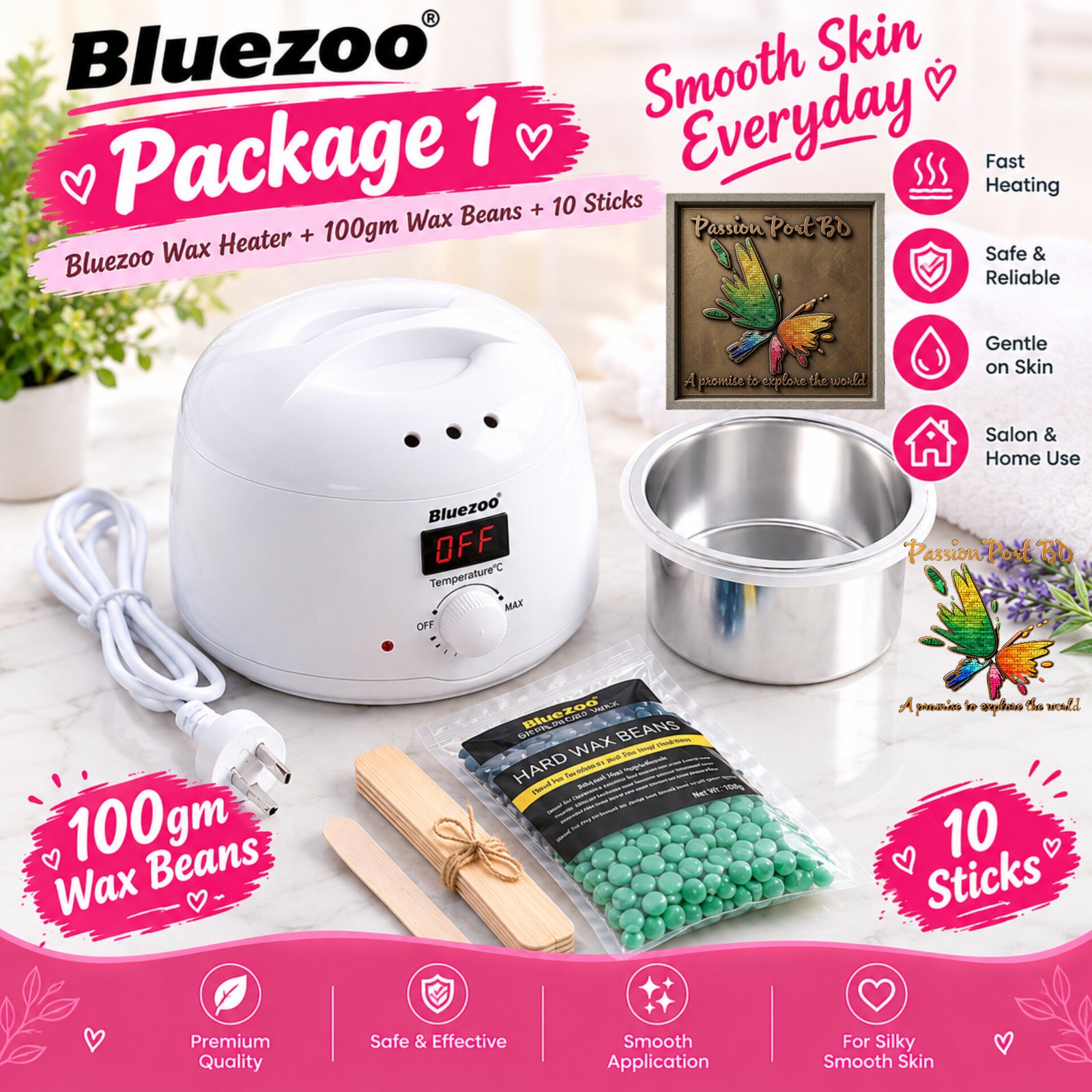 Bluzoo Wax Heater + 100gm Wax Beans +10 Sticks Pack